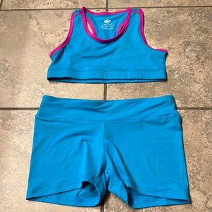 Lucky & Me Dance Sports Bra & Bootie Shorts Set Teal & Hot Pink sz 9/10